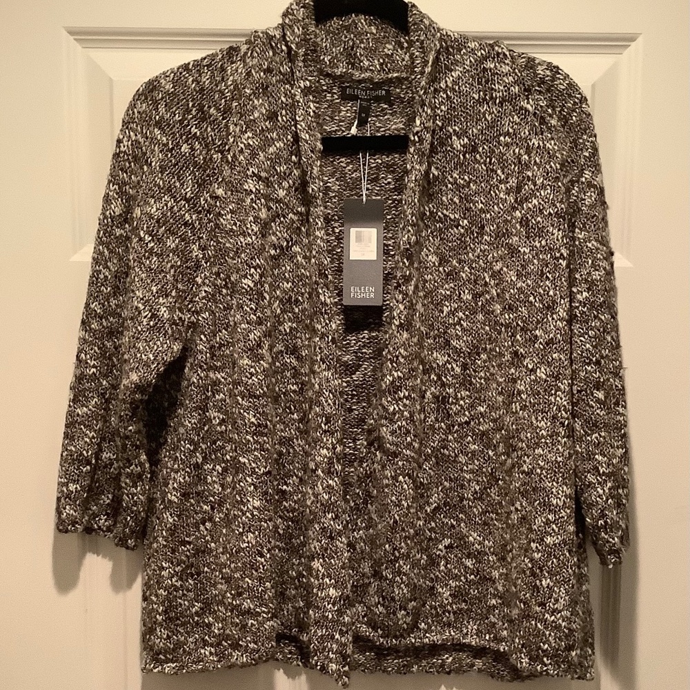 Cropped, 3/4 length sleeve cardigan. Dark brown nubby cotton blend yarn.